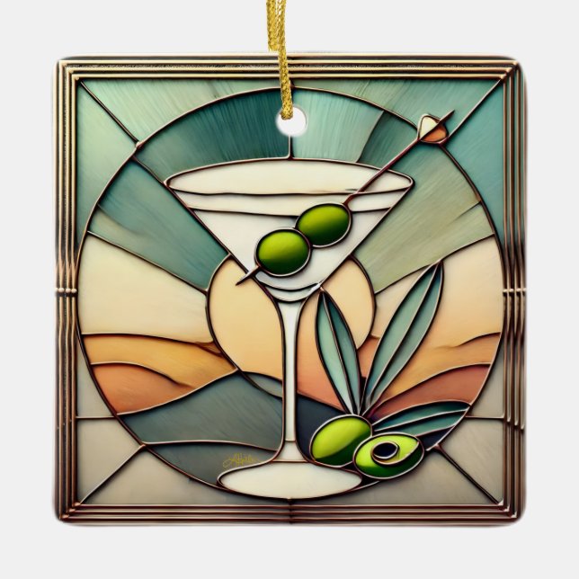 Mid Century Stained Glass 2 Olive Martini Ceramic Ornament (Front)