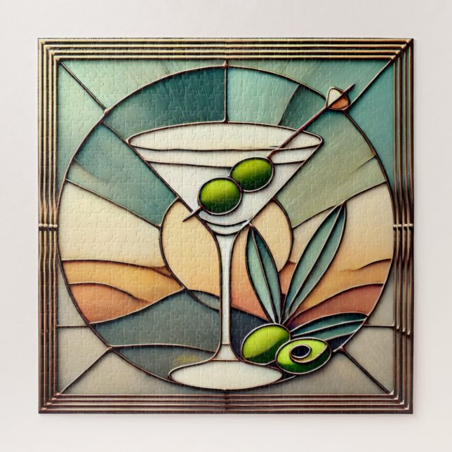 Mid Century Stained Glass 2 Olive Martini Jigsaw Puzzle (Vertical)