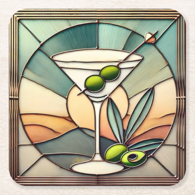 Mid Century Stained Glass 2 Olive Martini Square Paper Coaster (Front)