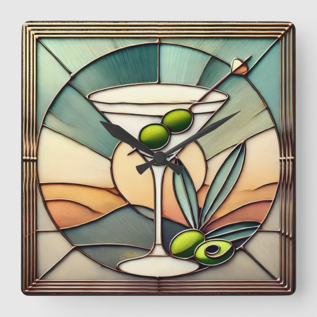 Mid Century Stained Glass 2 Olive Martini Square Wall Clock (Front)
