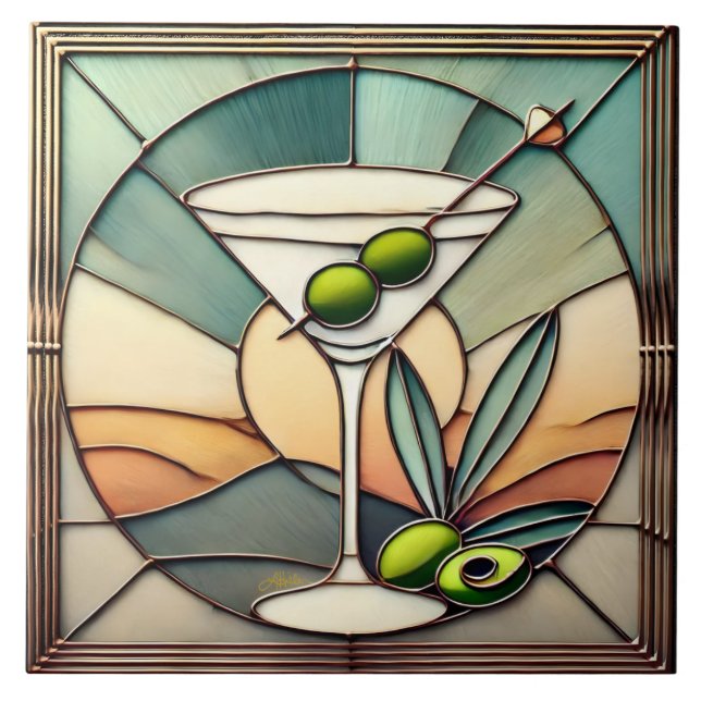 Mid Century Stained Glass 2 Olive Martini Tile (Front)