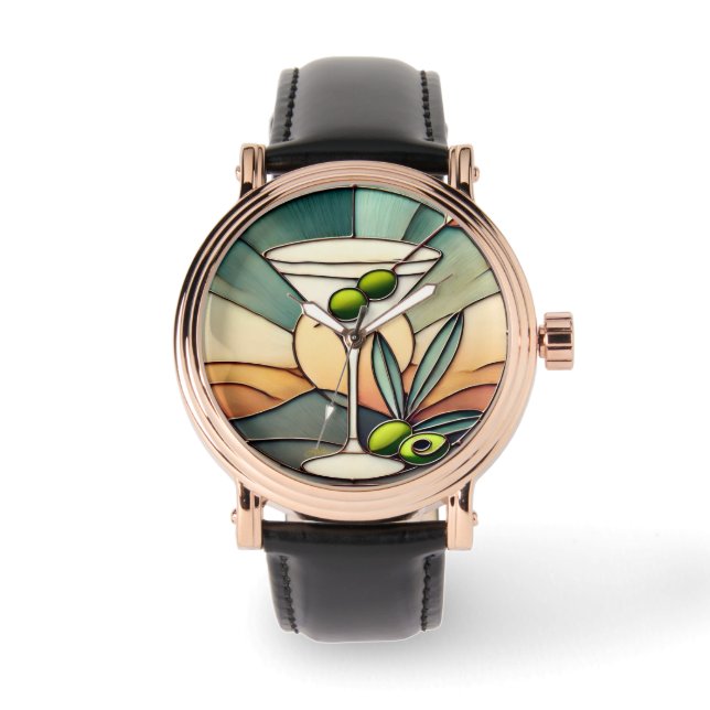Mid Century Stained Glass 2 Olive Martini Watch (Front)