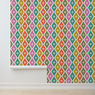 Mid Century Starbrusts on Colorful Retro Diamonds Wallpaper