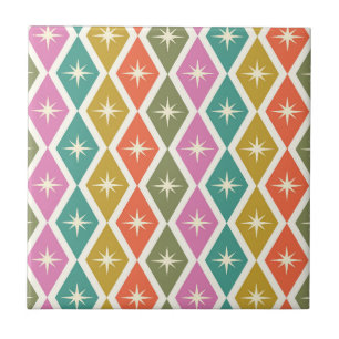 Mid Century Starbrusts on Colourful Retro Diamonds Tile