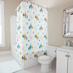 Mid-Century Starburst Pattern White Shower Curtain