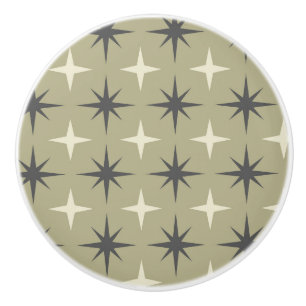 Mid Century Starbursts in beige and taupe on sage Ceramic Knob