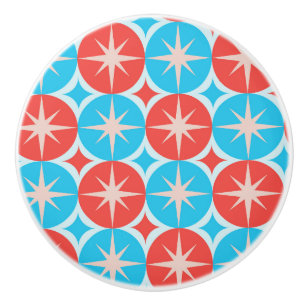 Mid Century Starbursts on Blue and Red Circles Ceramic Knob