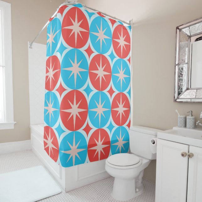 Mid Century Starbursts on Blue and Red Circles Shower Curtain (In Situ)