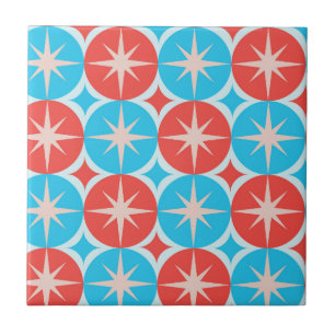 Mid Century Starbursts on Blue and Red Circles Tile