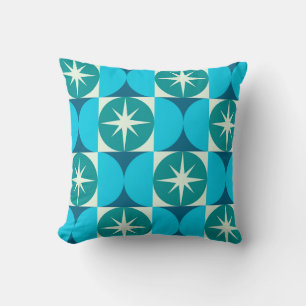 Mid Century Starbursts on Blue Teal Circles Cushion