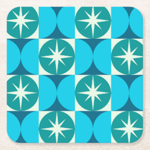 Mid Century Starbursts on Blue Teal Circles Square Paper Coaster