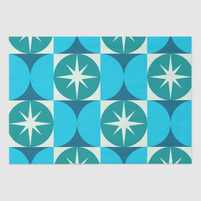 Mid Century Starbursts on Blue Teal Circles Tissue Paper (Front)