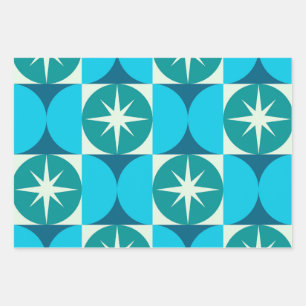 Mid Century Starbursts on Blue Teal Circles Wrapping Paper Sheet