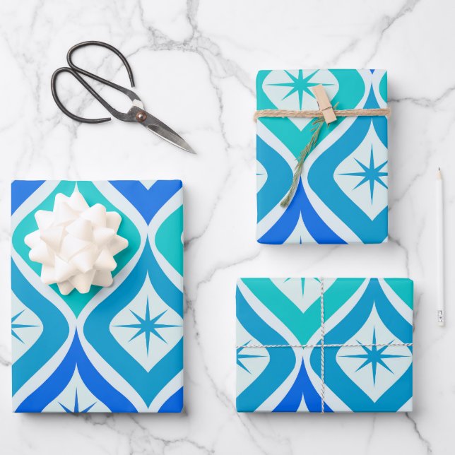 Mid Century Starbursts on Blue Turqouise Ogee  Wrapping Paper Sheet (Front)