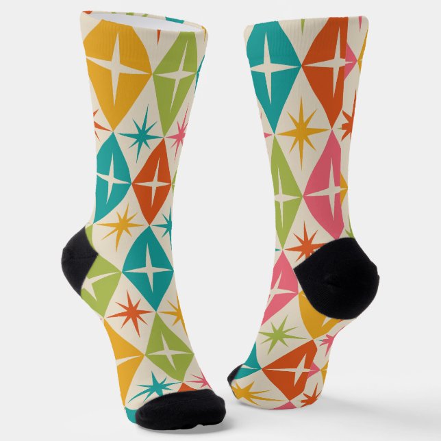 Mid Century Starbursts on Colorful Retro Diamonds Socks (Angled)