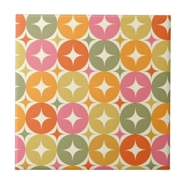 Mid Century Starbursts on Colourful Circles Patter Tile (Front)