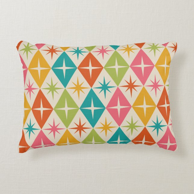 Mid Century Starbursts on Colourful Retro Diamonds Decorative Cushion (Front)