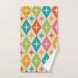 Mid Century Starbursts on Colourful Retro Diamonds Hand Towel