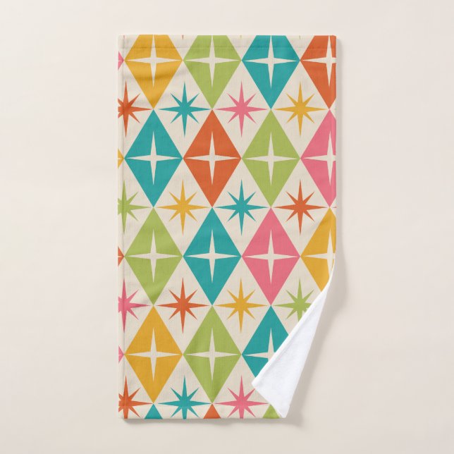Mid Century Starbursts on Colourful Retro Diamonds Hand Towel (Hand Towel)