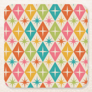 Mid Century Starbursts on Colourful Retro Diamonds Square Paper Coaster