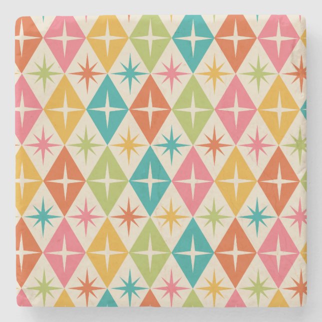 Mid Century Starbursts on Colourful Retro Diamonds Stone Coaster (Front)
