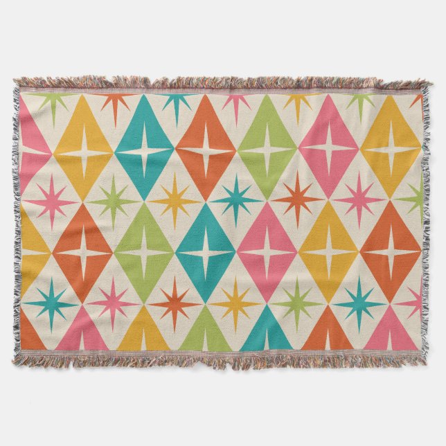 Mid Century Starbursts on Colourful Retro Diamonds Throw Blanket (Front)