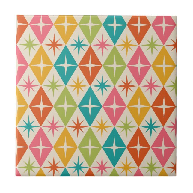 Mid Century Starbursts on Colourful Retro Diamonds Tile (Front)