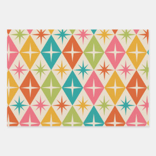 Mid Century Starbursts on Colourful Retro Diamonds Wrapping Paper Sheet