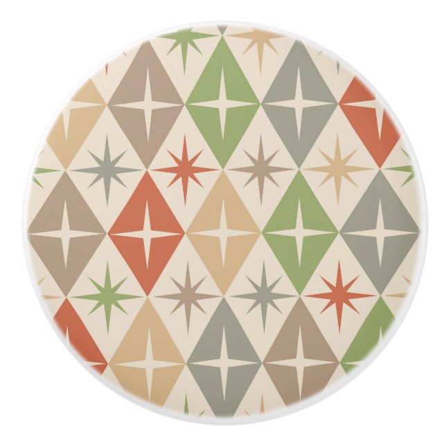 Mid Century Starbursts on Earthy Retro Diamonds Ceramic Knob (Front)