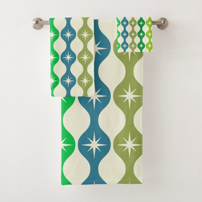 Mid Century Starbursts on Green Blue Ogee Pattern  Bath Towel Set (Insitu)
