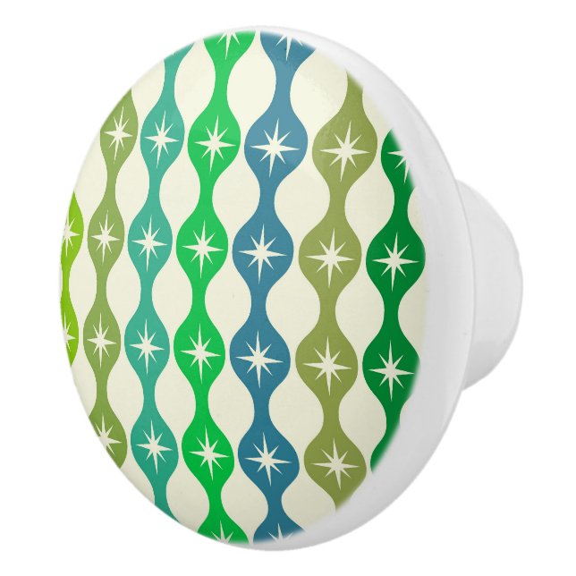 Mid Century Starbursts on Green Blue Ogee Pattern  Ceramic Knob (Right)