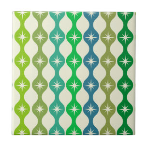 Mid Century Starbursts on Green Blue Ogee Pattern Tile