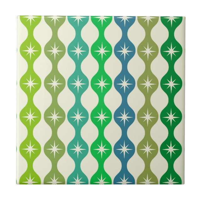 Mid Century Starbursts on Green Blue Ogee Pattern  Tile (Front)