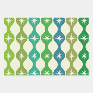 Mid Century Starbursts on Green Blue Ogee Pattern  Wrapping Paper Sheet
