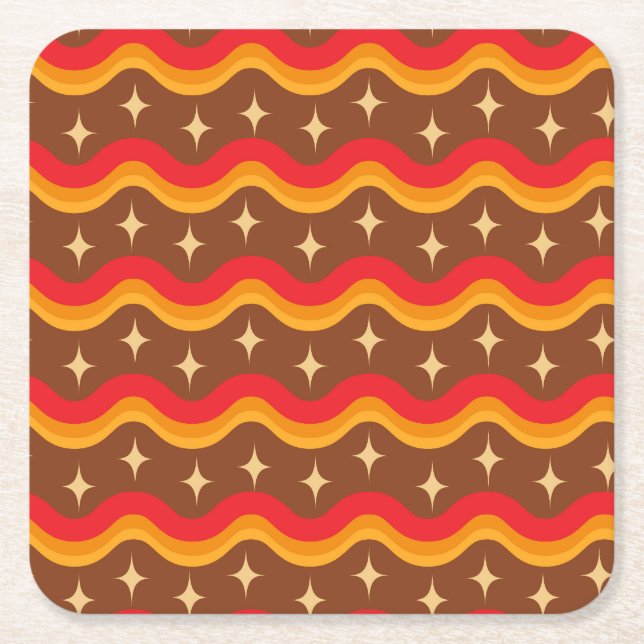 Mid Century Starbursts on Groovy funky waves  Square Paper Coaster (Front)