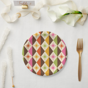 Mid Century Starbursts on Harlequin Diamonds Paper Plate