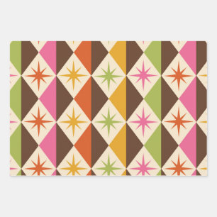 Mid Century Starbursts on Harlequin Diamonds  Wrapping Paper Sheet