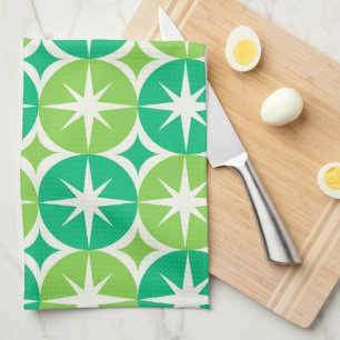 Mid Century Starbursts on Jade lime green circles  Tea Towel