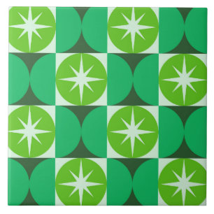 Mid Century Starbursts on Lime Mint Green circles Tile