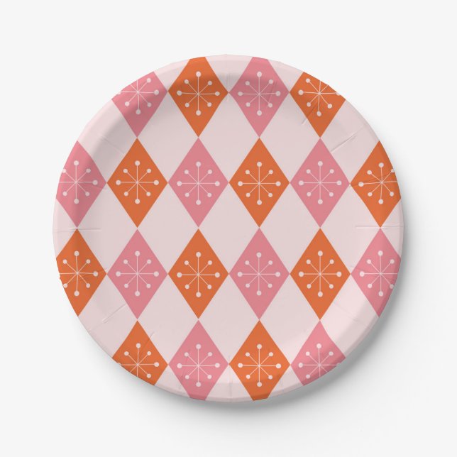 Mid Century Starbursts on Orange Pink Diamonds  Paper Plate (Front)