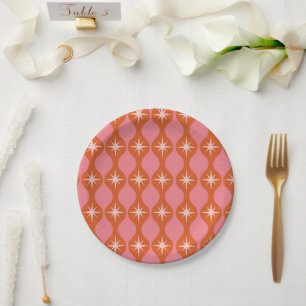Mid Century Starbursts on Orange Pink Ogee Pattern Paper Plate