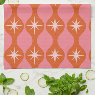 Mid Century Starbursts on Orange Pink Ogee Pattern Tea Towel