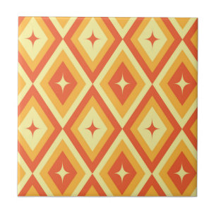 Mid Century Starbursts on Orange Red Diamonds  Tile