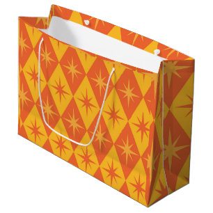 Mid Century Starbursts on Orange Retro Diamonds Large Gift Bag