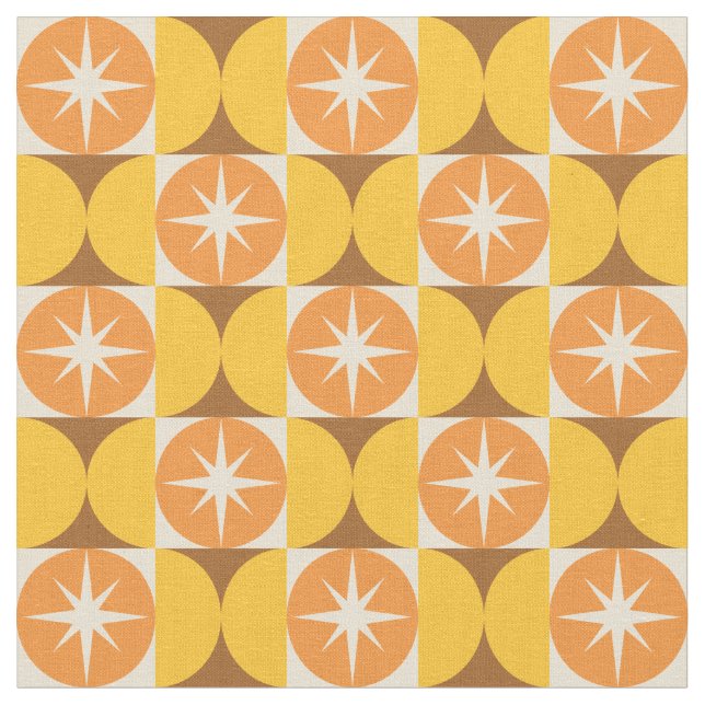 Mid Century Starbursts on Orange Yellow Circles Fabric (Close Up)