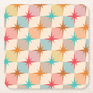 Mid Century Starbursts on Pastel Checkerboards Square Paper Coaster