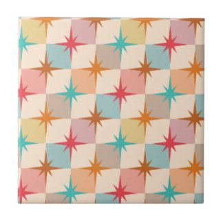 Mid Century Starbursts on Pastel Checkerboards Tile