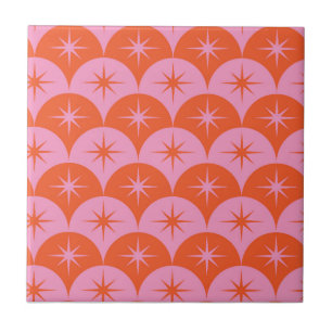 Mid Century Starbursts on Pink and Orange Scallops Tile