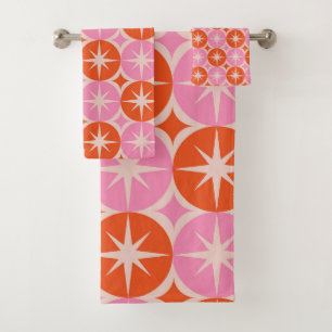 Mid Century Starbursts on Pink Orange Circles  Bath Towel Set