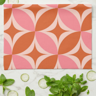 Mid Century Starbursts on Pink Orange Circles Tea Towel